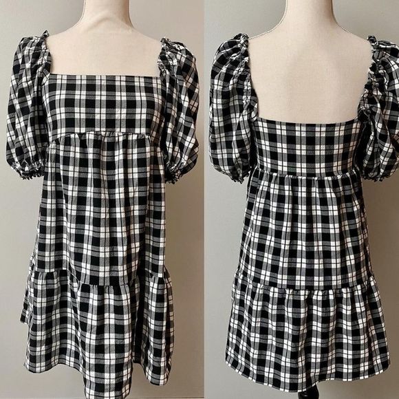 H&M Dresses & Skirts - Divided by H&M black and white plaid peasant babydoll dress with a square neck